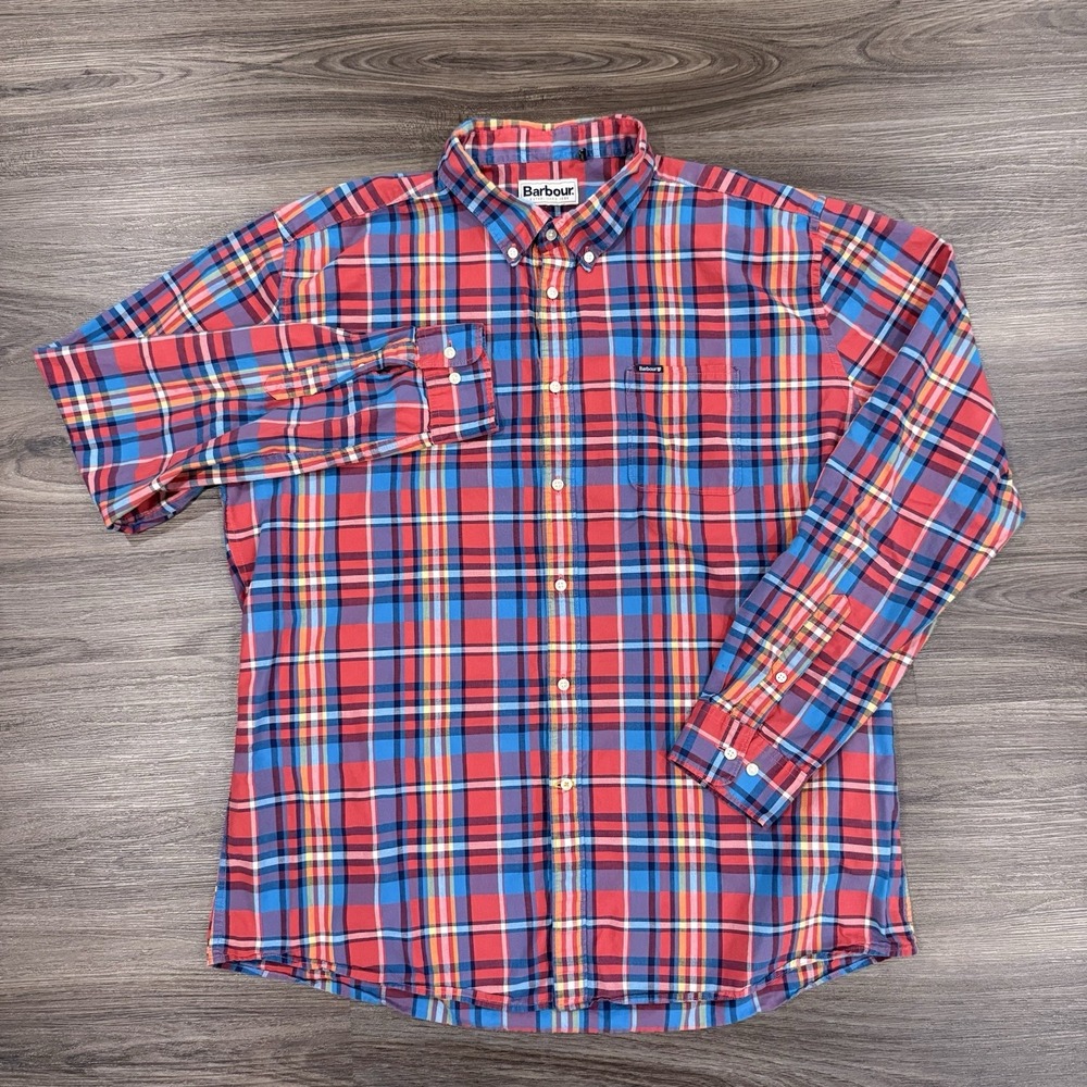 Barbour Tailor Fit Plaid Blue Red Pink Long Sleeve Button Down XXL Shirt - Picture 2 of 6